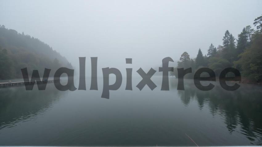 Foggy Lake with Pier and Forest