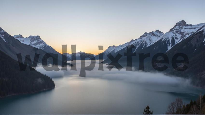 Mountain Lake at Sunrise with Mist