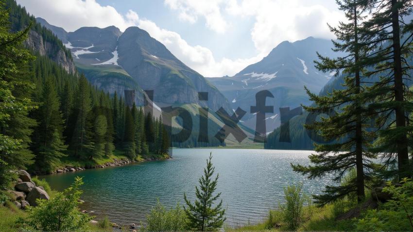 Mountain Lake with Forest and Snow Capped Peaks