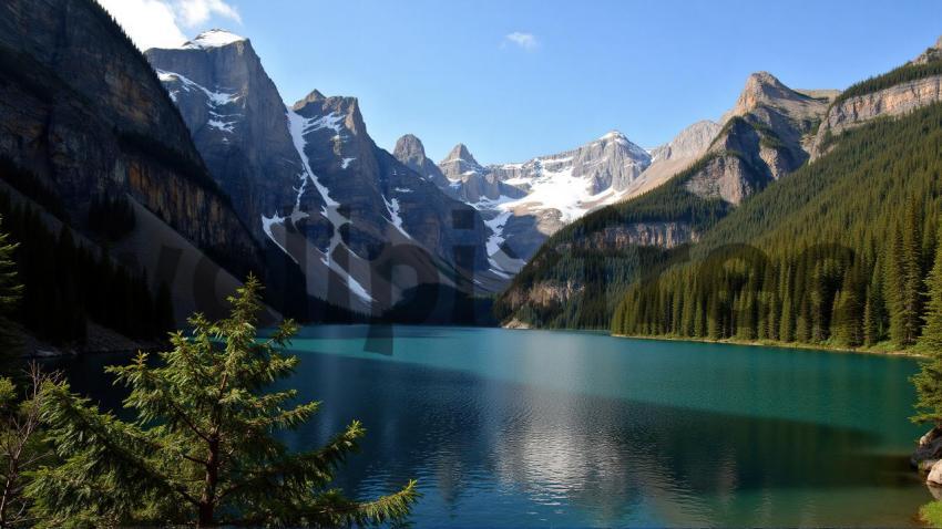 Mountain Lake with Snowy Peaks and Forest