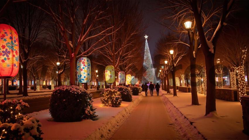 Festive Winter Walkway with Lanterns and Christmas Tree