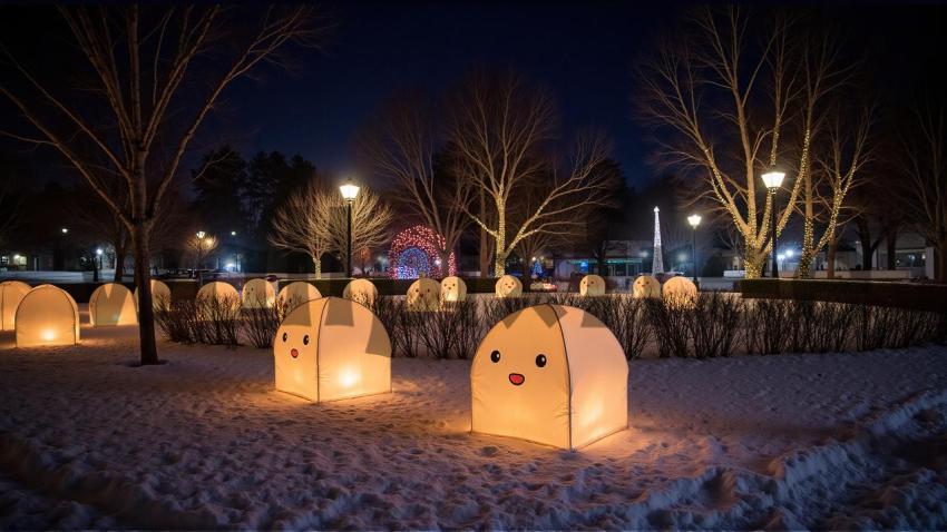 Cute Lantern Display in Snowy Park