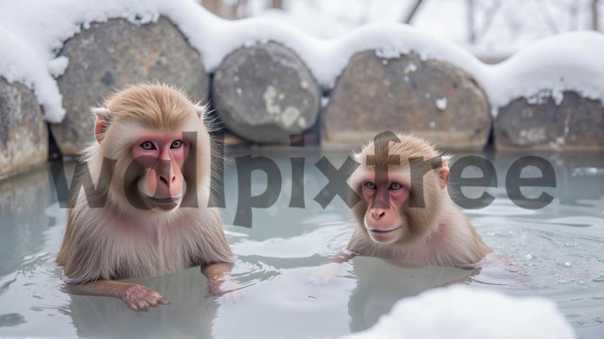 Monkeys Relaxing in Hot Spring