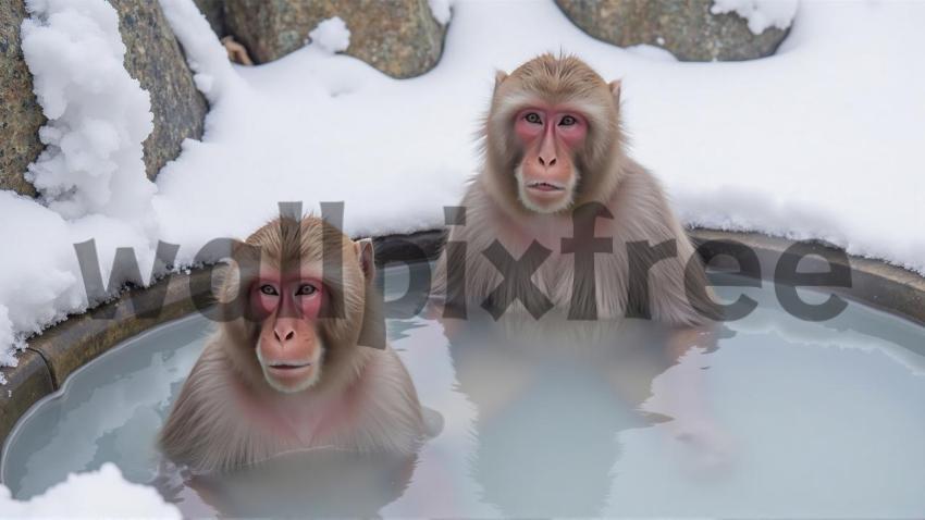 Snow Monkeys Bathing in Hot Spring