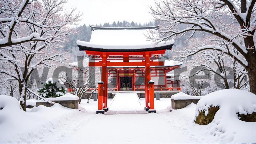 Snow Covered Japanese Temple with Torii Gate