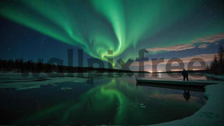 Aurora Borealis Over Frozen Lake