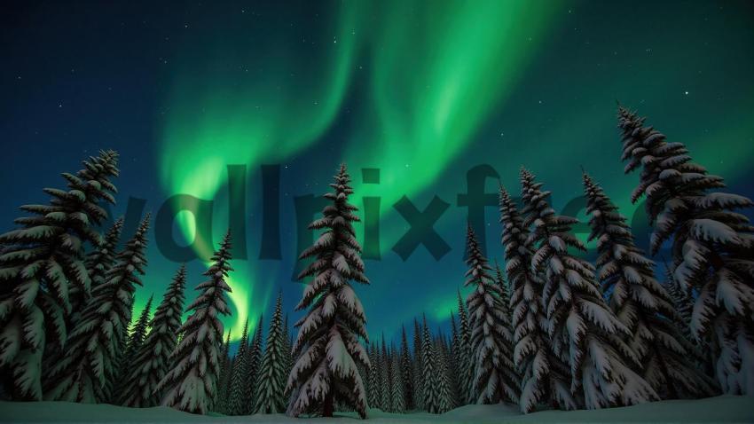 Northern Lights Over Snowy Forest