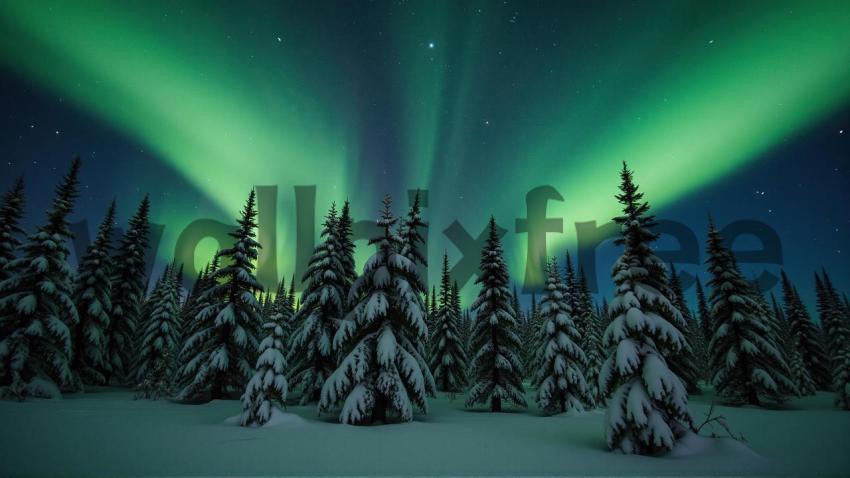 Northern Lights Over Snowy Forest