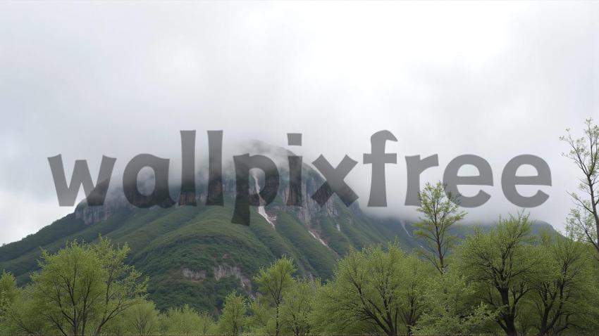 Foggy Mountain Landscape with Green Trees