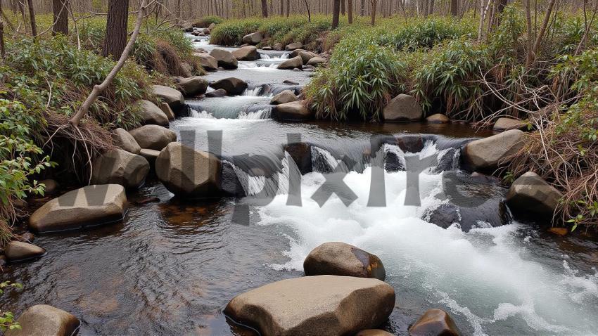 Forest Stream with Rocks and Waterfall