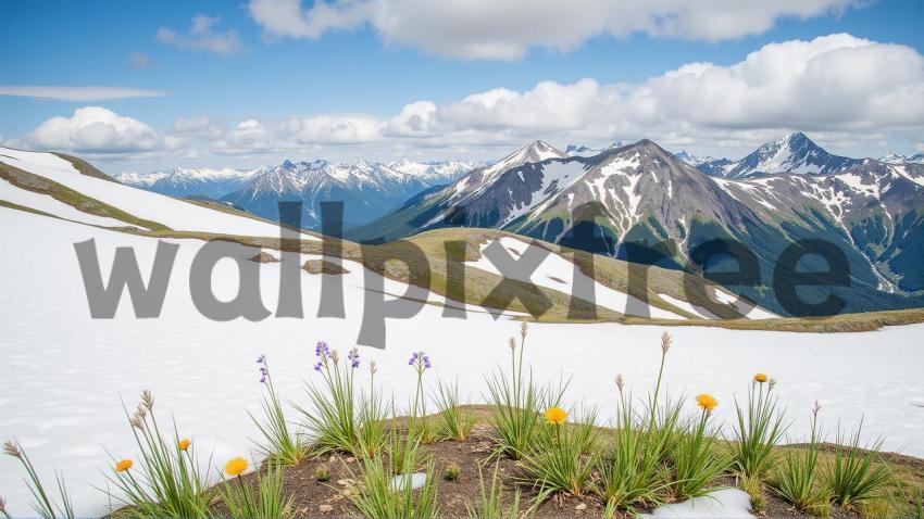 Snowy Mountain Landscape with Wildflowers