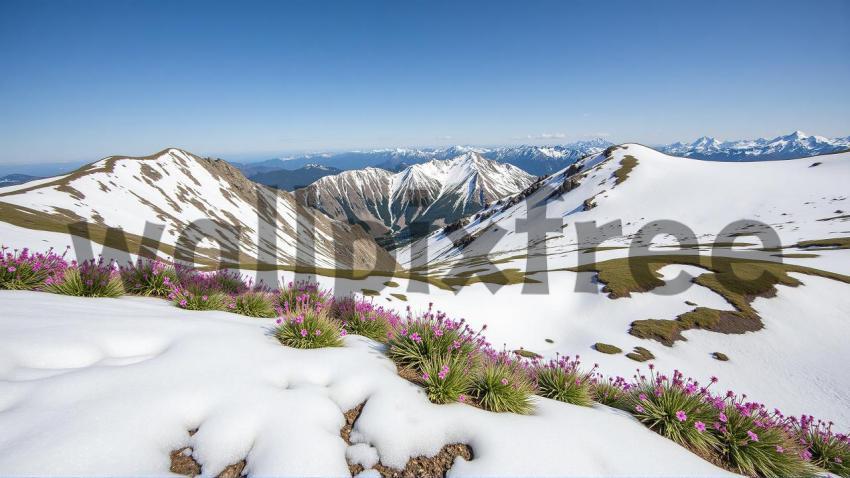 Snowy Mountain Landscape with Flowers