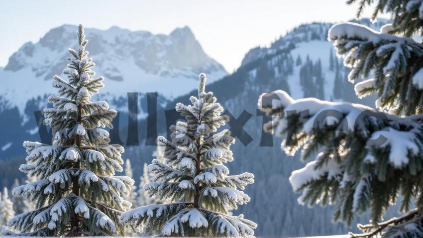 Snow Covered Pine Trees in Mountain Landscape