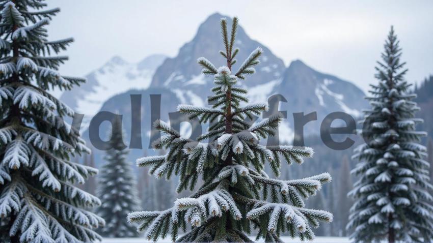 Frosted Pine Trees In Mountain Landscape