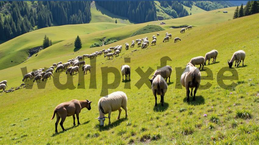 Sheep Grazing on a Hillside Pasture