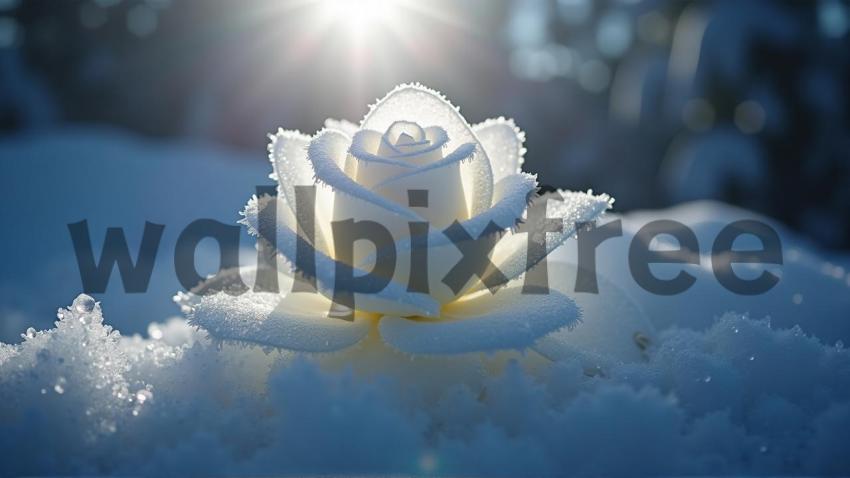 Frosted White Rose in Snowy Sunlight