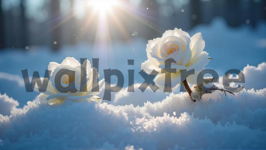 Frosted White Roses in Snowy Landscape