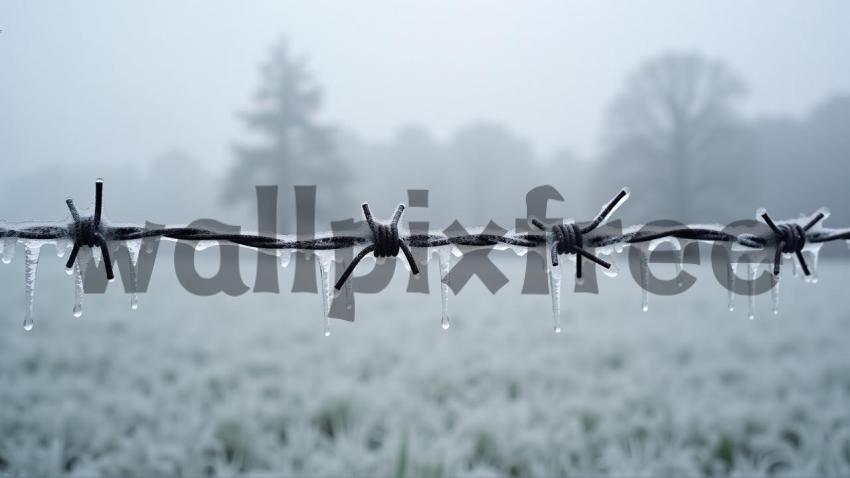 Barbed Wire with Icicles in Winter Landscape