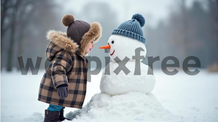 Child Building Snowman in Winter