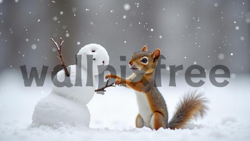 Squirrel Building Snowman in Winter Scene