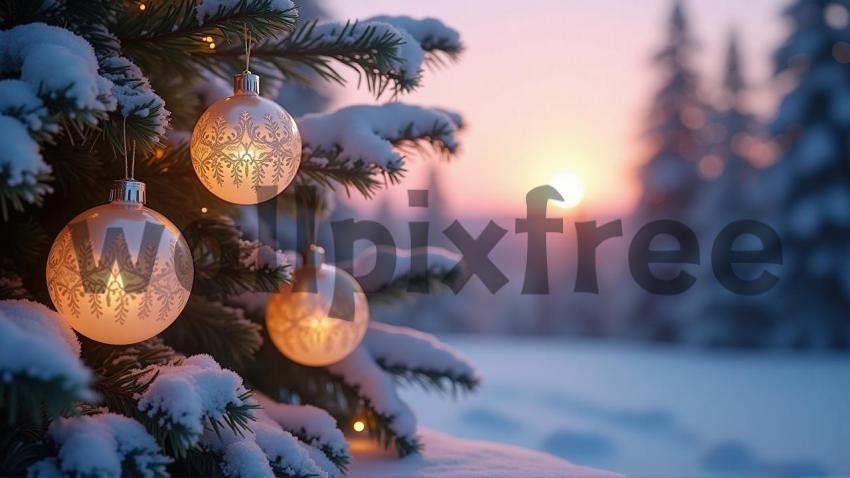 Snowy Christmas Ornaments at Sunset