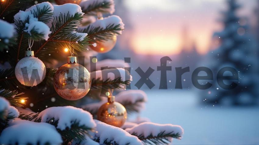 Snowy Christmas Tree with Ornaments at Sunset