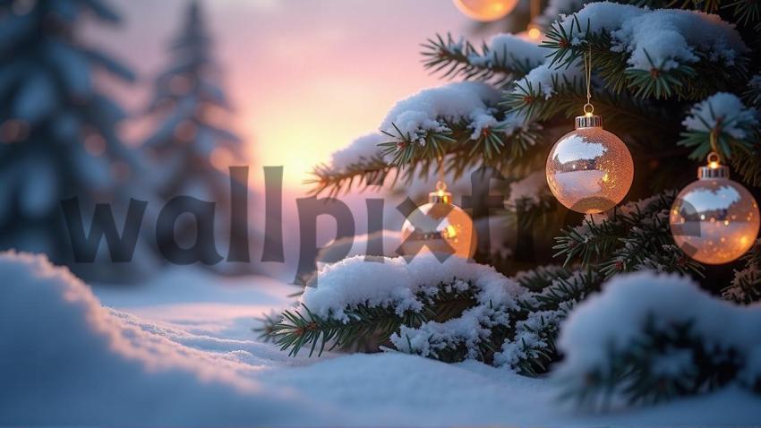 Snowy Christmas Tree with Ornaments at Sunset