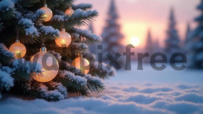 Christmas Tree with Ornaments in Snowy Landscape