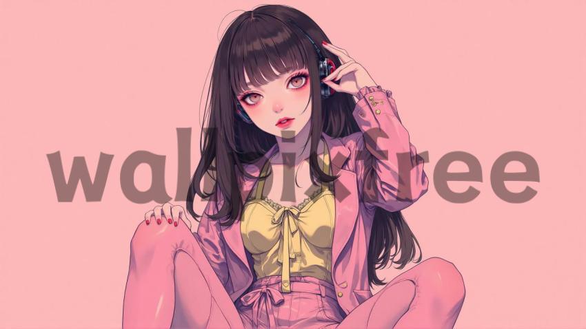 Anime Girl with Headphones in Pink Outfit