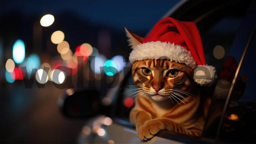 Cat Wearing Santa Hat in Car at Night