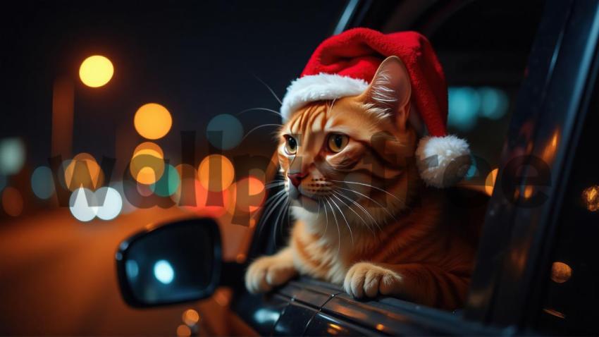 Cat Wearing Santa Hat Looking Out Car Window