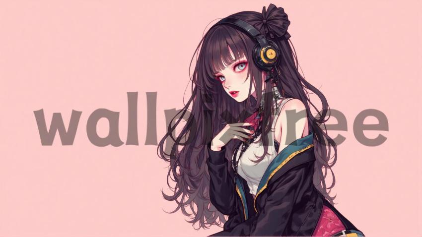 Anime Girl with Headphones and Long Hair