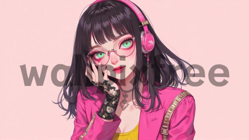 Anime Girl with Pink Headphones and Glasses