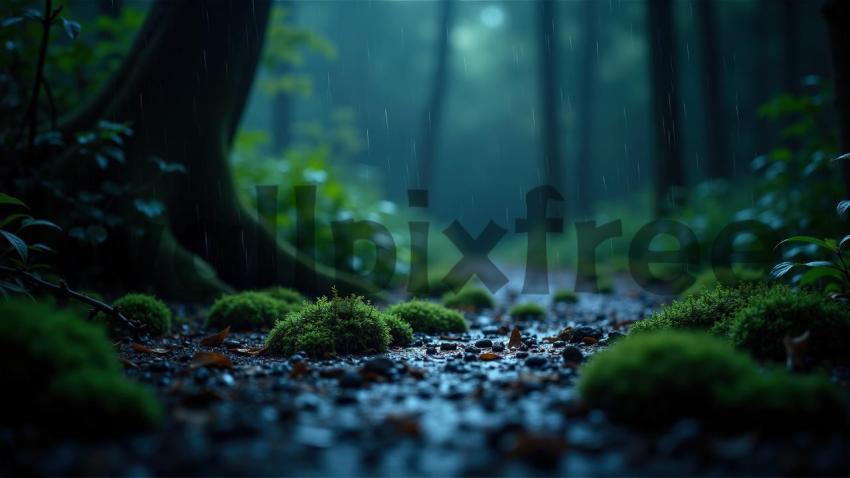 Rainy Forest Path with Moss