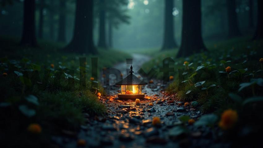 Lantern On Forest Pathway At Night