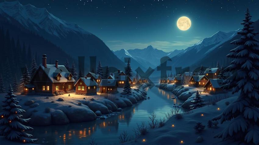 Moonlit Winter Village Scene