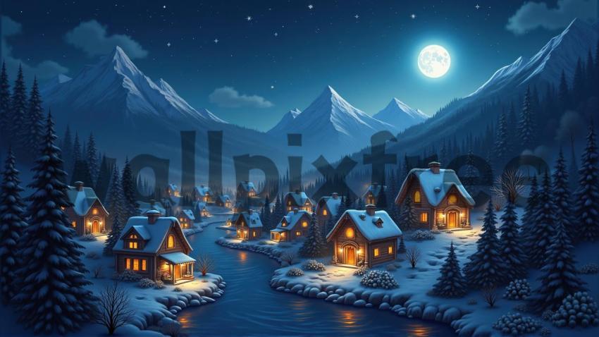 Snowy Mountain Village at Night