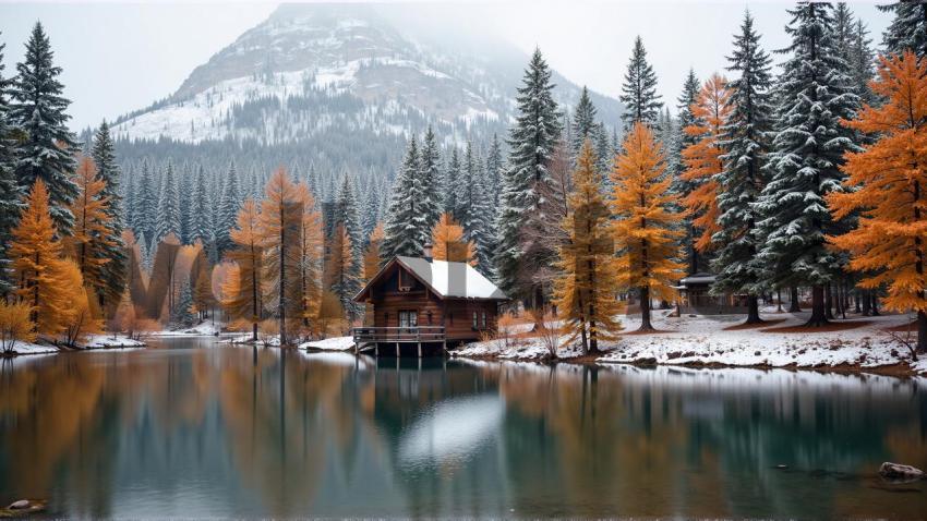 Snowy Cabin by Lake in Autumn Forest