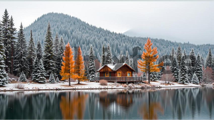 Snowy Cabin by Lake in Forest