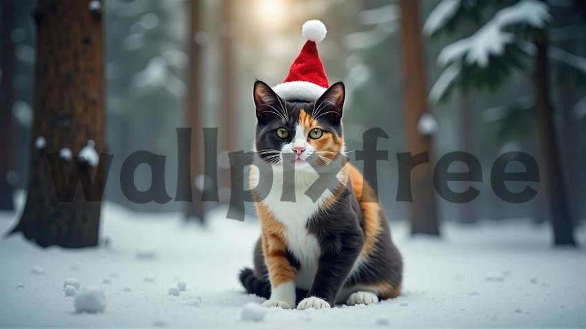 Cat Wearing Santa Hat in Snowy Forest