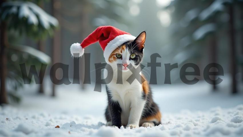 Cat Wearing Santa Hat in Snowy Forest