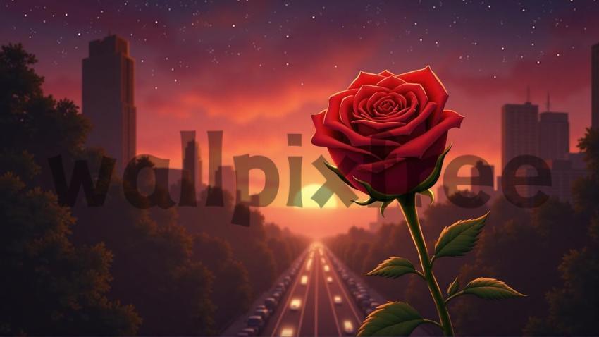 Rose At Sunset Over Cityscape