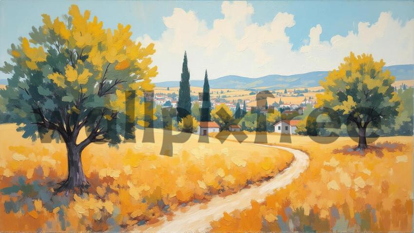 Countryside Landscape Painting with Trees and Path