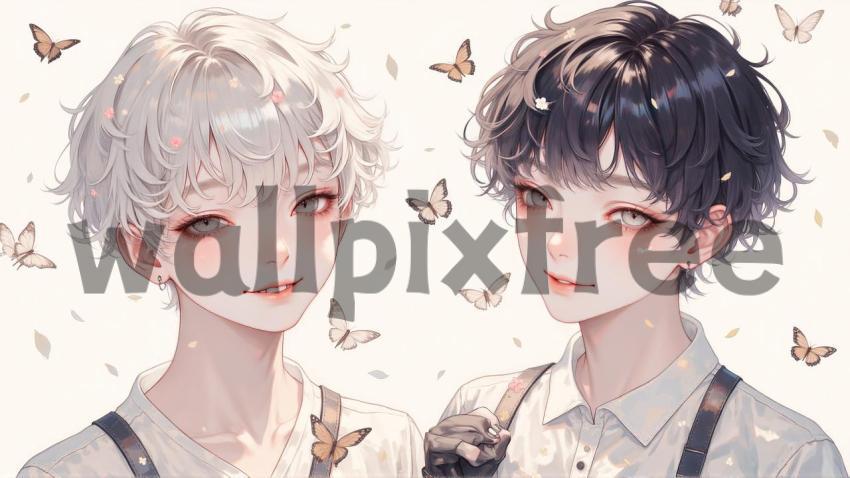 Anime Twins with Butterflies Illustration