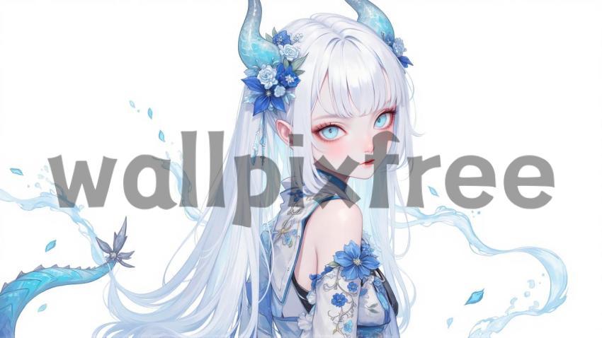 Fantasy Anime Character with Blue Horns and Flowers