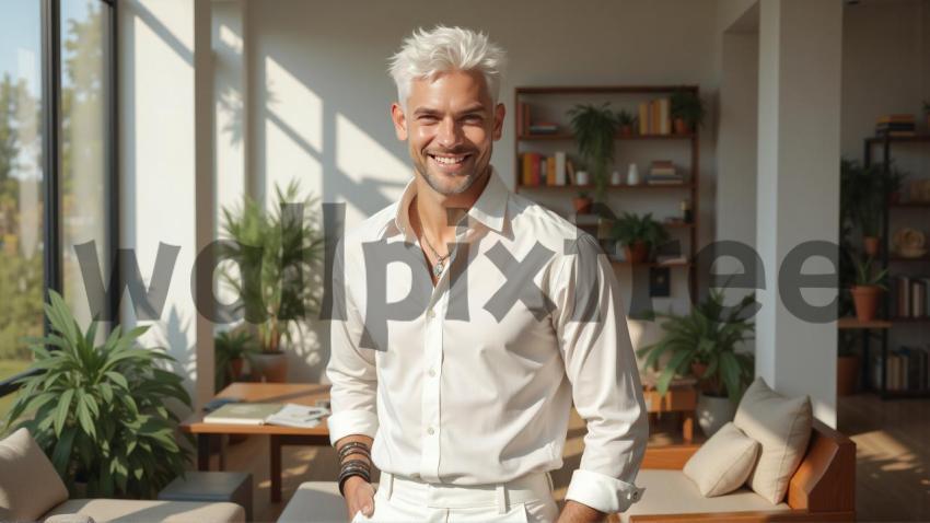 Man in Bright Modern Room with Plants