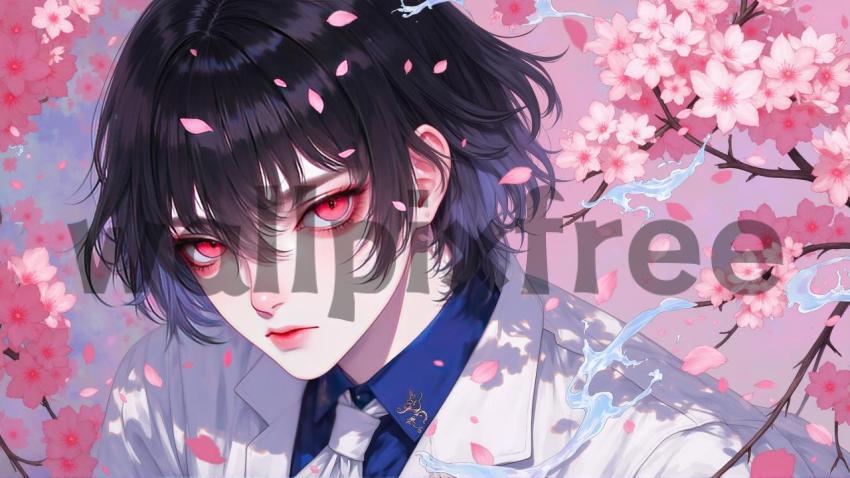 Anime Character with Cherry Blossoms