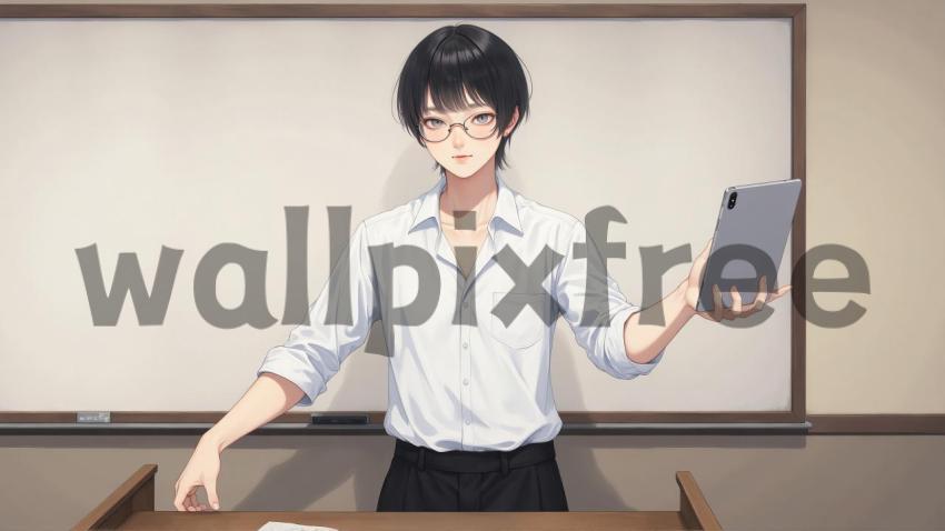 Anime Teacher Holding Tablet in Classroom