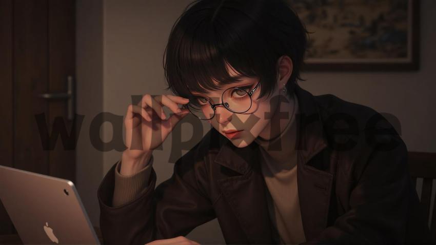 Person with Glasses Using Laptop in Dimly Lit Room