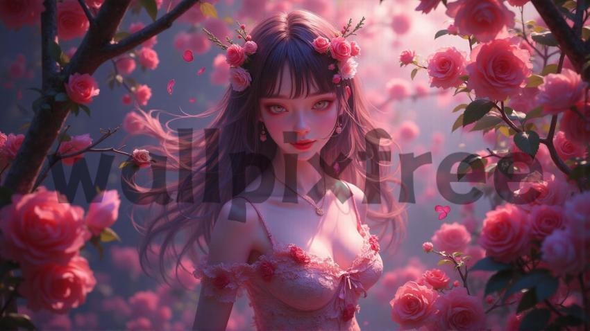 Fantasy Girl in Rose Garden